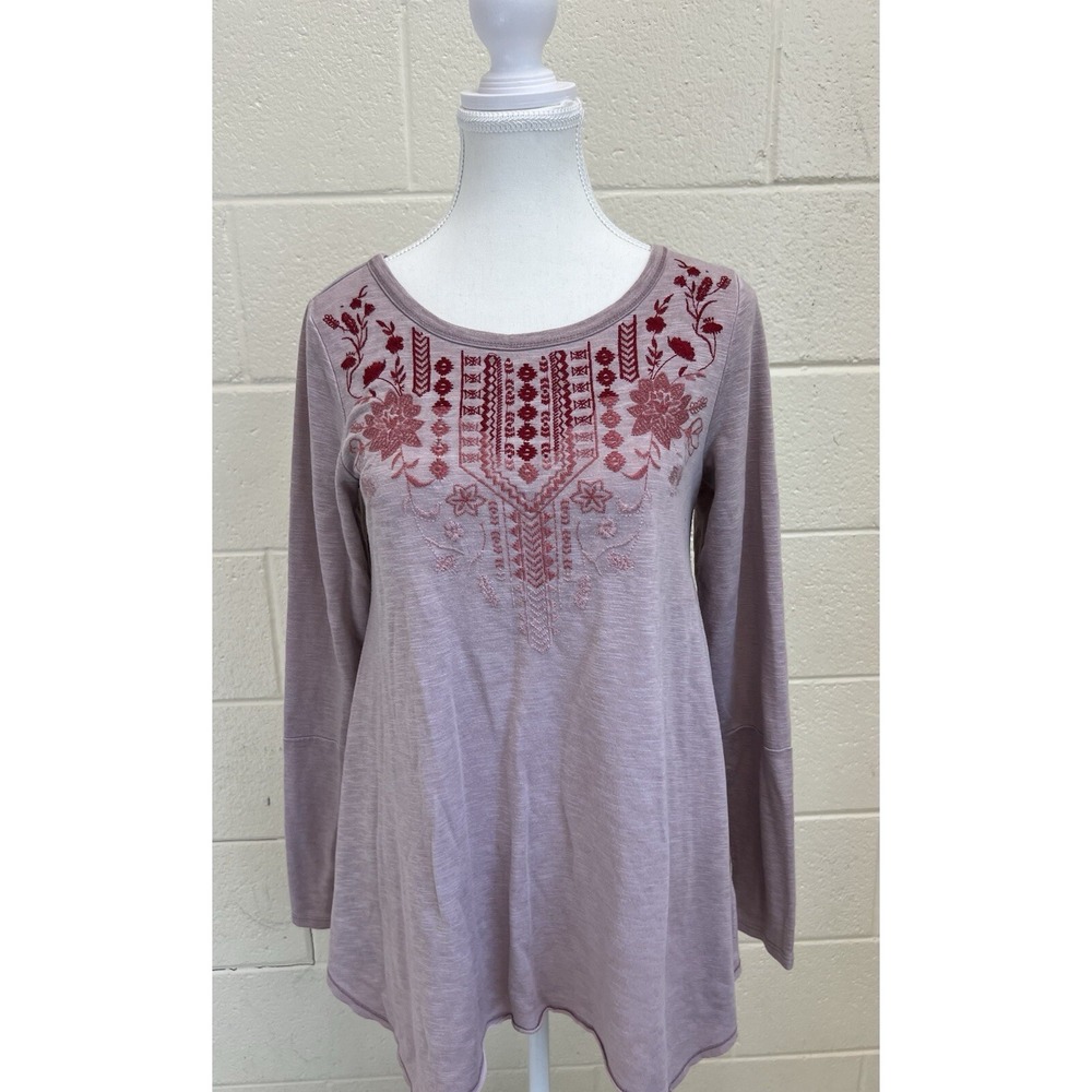 Knox Rose Dusty Pink Embroidered Long Sleeve Casual Top Size XS Unique Hem